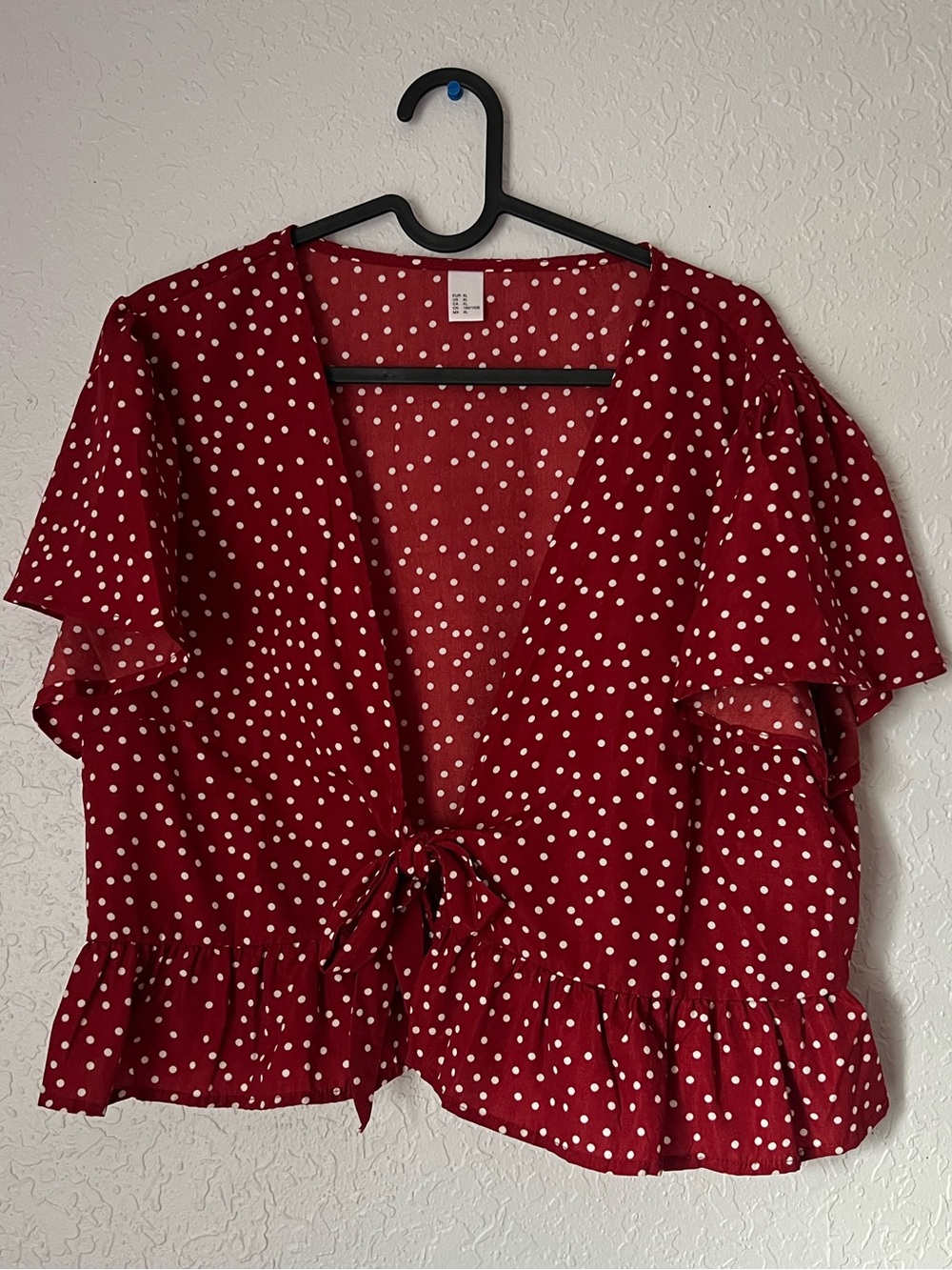 Polka Dot Tie-Front Ruffle Blouse in Red